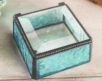 Glass Box Turquoise Blue Jewelry Box Decorative Keepsake Gift for Her Girl Women Lavender Home Decor Dresser Vanity Trinket Box 898