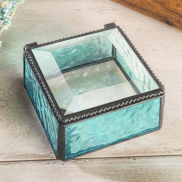 Glass Box Turquoise Blue Jewelry Box Decorative Keepsake Gift for Her Girl Women Lavender Home Decor Dresser Vanity Trinket Box 898