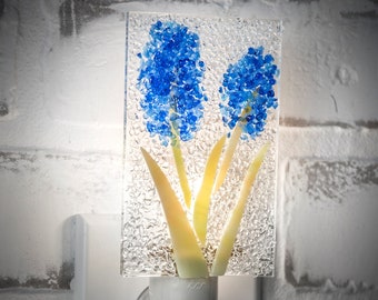 Night Light Blue Bell Flower Decorative Wall Plug Light for Bedroom Bathroom Kitchen Nature Themed Home Decor Fused Glass Art NTL 209-2