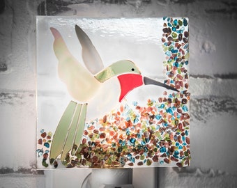 Hummingbird Night Light Decorative Fused Glass Wall Plug In Nightlight for the Nursery, Bathroom or Bedroom Ntl 225-2