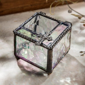 Rosary Box Jewelry Box Religious Gift First Communion Baptism Confirmation Catholic Christian Cross Clear Stained Glass Trinket Box 349 image 1