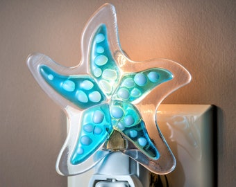 Starfish Night Light Aqua Blue Fused Glass Decorative Accent Coastal Wall Plug in Nightlight for Beach Home Bathroom Decor J Devlin NTL 147