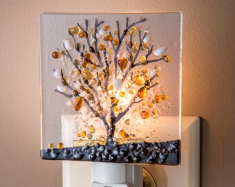 Tree Night Light Decorative Autumn Fall Decor Bathroom Kitchen Bedroom Hallway Cabin Nature Inspired Home Decor Fused Glass Brown Ntl 159-1