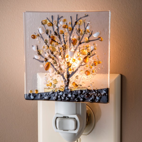 Tree Night Light Decorative Autumn Fall Decor Bathroom Kitchen Bedroom Hallway Cabin Nature Inspired Home Decor Fused Glass Brown Ntl 159-1