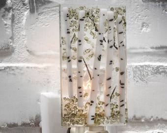 Tree Night Light Aspen Birch Nature Inspired Home Decor Wall Plug In Accent Green Decorative Bathroom Kitchen Bedroom Fused Glass NTL 189-2