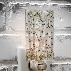 Tree Night Light Aspen Birch Nature Inspired Home Decor Wall Plug In Accent Green Decorative Bathroom Kitchen Bedroom Fused Glass NTL 189-2