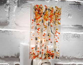 Tree Night Light Autumn Fall Home Decor Decorative Bathroom Kitchen Bedroom Wall Plug In Light Fused Glass Aspen Birch Gold Orange Ntl 189-1