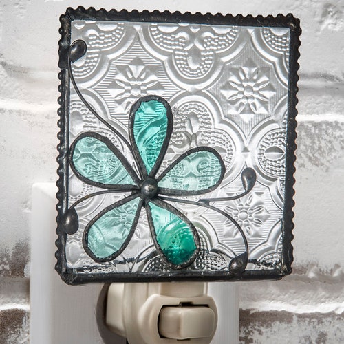 Night Light Decorative Turquoise Blue Stained Glass Home Decor Etsy