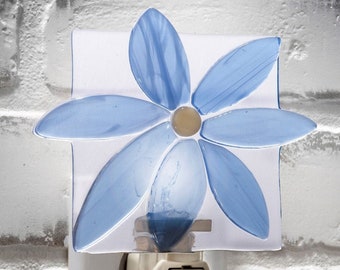 Night Light Blue Flower Decorative Fused Glass Accent Wall Plug in Light Bedroom Bathroom Kitchen Nursery Home Décor Baby Room Gift NTL 150