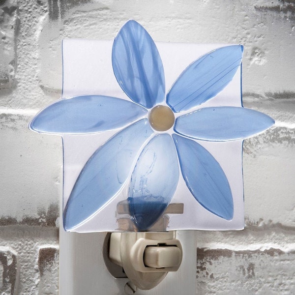 Night Light Blue Flower Decorative Fused Glass Accent Wall Plug in Light Bedroom Bathroom Kitchen Nursery Home Décor Baby Room Gift NTL 150