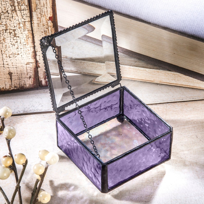 Glass Box Purple Jewelry Box Decorative Keepsake Gift for Her Girl Women Lavender Home Decor Dresser Vanity Trinket Box 899