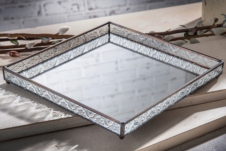 Glass Tray Mirrored Bottom Decorative Bathroom Vanity Oranizer Etsy