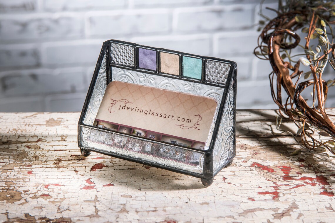 Business Card Holder Colorful Stained Glass Women Desk Etsy