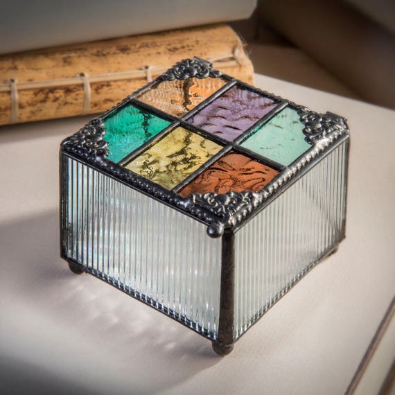 Stained Glass Keepsake Box Multi Colored Jewelry Box Blue Etsy