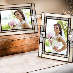 White Wedding Picture Frame 4x6 Photo Horizontal Vertical Stained Glass Anniversary Engagement Keepsake Gift Home Decor Pic 407 Series