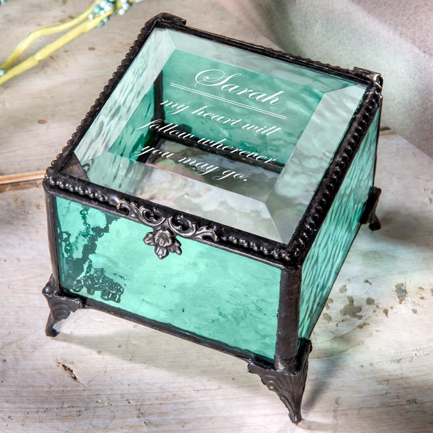 Jewelry Box Turquoise Blue Stained Glass Vintage Wedding Ring