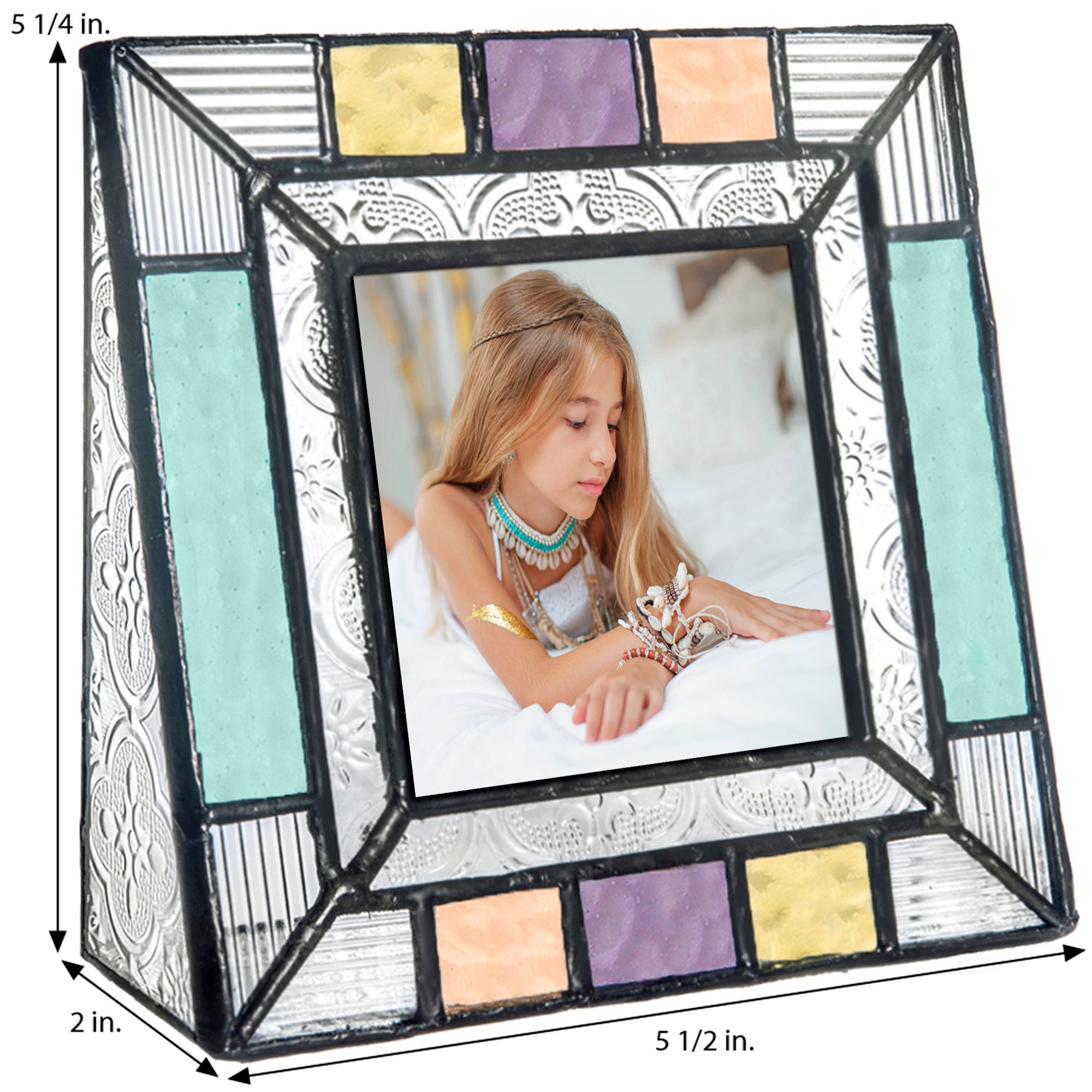 Picture Frame 4x6, 3x3 Square Colorful Stained Glass Photo Frame Aqua  Purple Green Peach Home Decor Gift for Mom Friend Pic 372 Series 