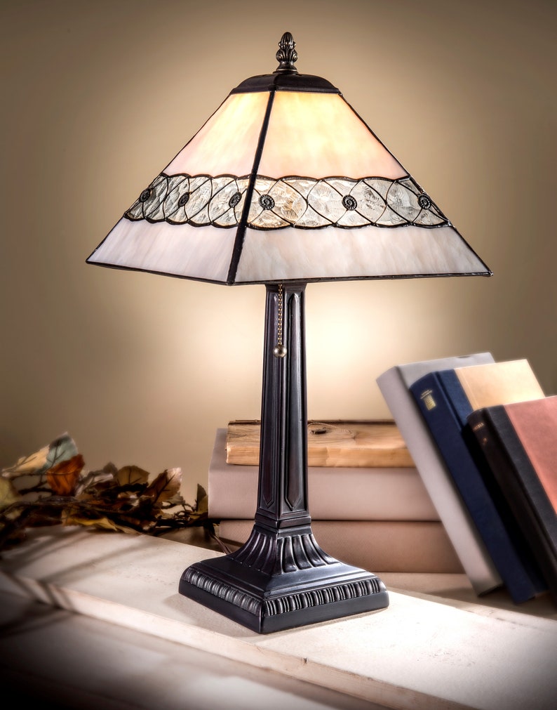Small Gray Table Lamp Mission Craftsman Stained Glass Bedroom Etsy