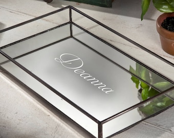 Personalized Glass Tray Vanity Organizer Mirrored Tray with Clear Glass Sides Display Storage Dresser Tray Home Decor TRA 108 ET205