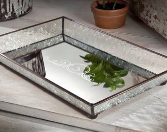 Personalized Glass Vanity Tray Glass Slanted Sides Mirrored Bottom Monogram Dresser Jewelry Storage Organizer Tra 106-1 ET207