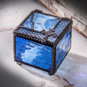 Rosary Box Jewelry Box Religious Gift First Communion Baptism Confirmation Catholic Christian Cross Blue Stained Glass Trinket Box 349-2