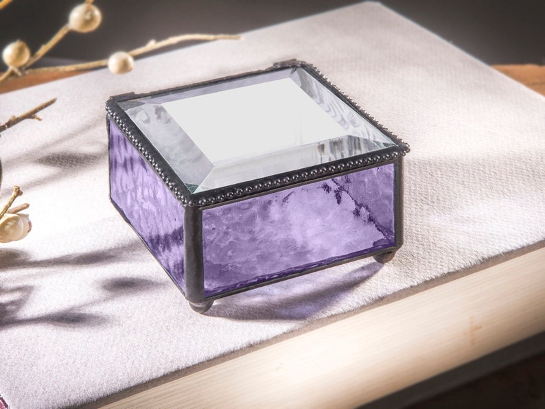 Glass Box Purple Jewelry Box Decorative Keepsake Gift for Her Girl Women Lavender Home Decor Dresser Vanity Trinket Box 899