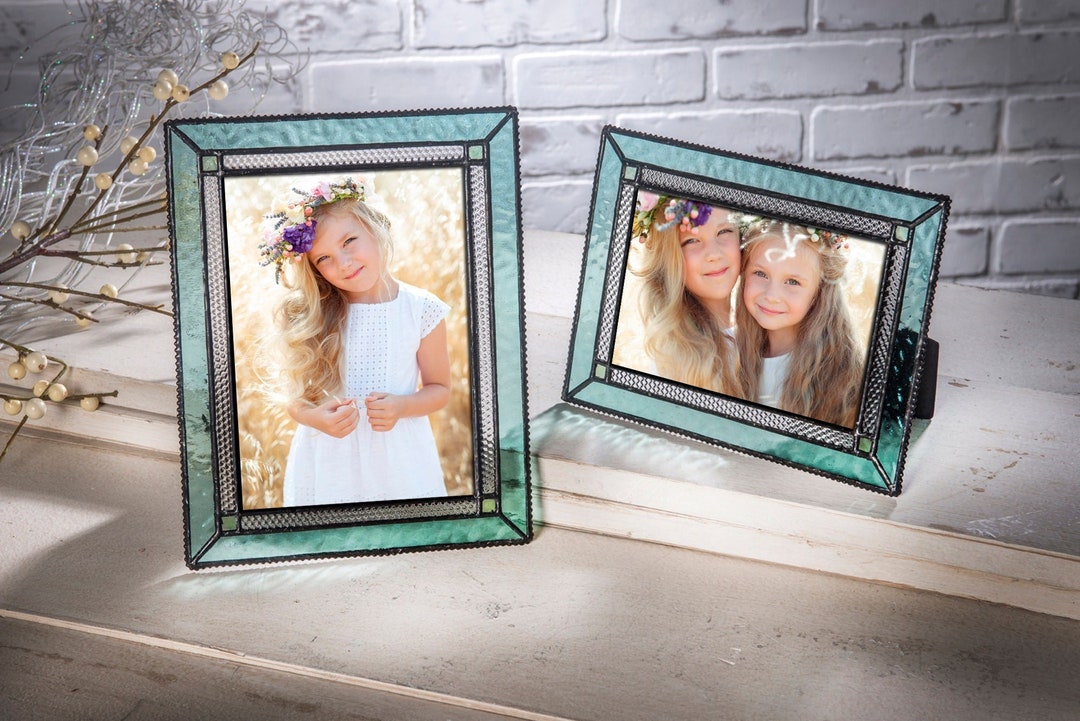 Picture Frame 5x7, 4x6 Green and Antique Yellow Stained Glass Photo Display  Gift for Mom Baby Frame Pic 404-57HV 