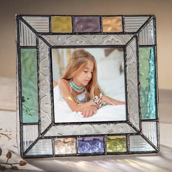 Picture Frame 4x6, 3x3 Square Colorful Stained Glass Photo Frame Aqua  Purple Green Peach Home Decor Gift for Mom Friend Pic 372 Series 