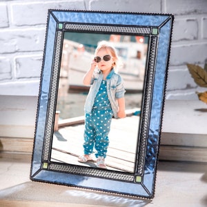 Blue Picture Frame 5x7, 4x6 Tabletop Photo Frame Antique Stained Glass Gift for Mom Girl Woman Wedding Frame J Devlin Pic 418 Series 5 x 7