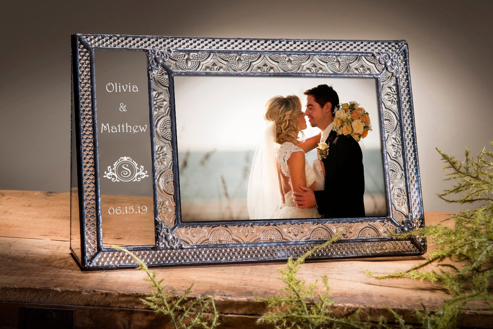 Wedding Picture Frame Personalized Stained Glass Photo Frame Engraved