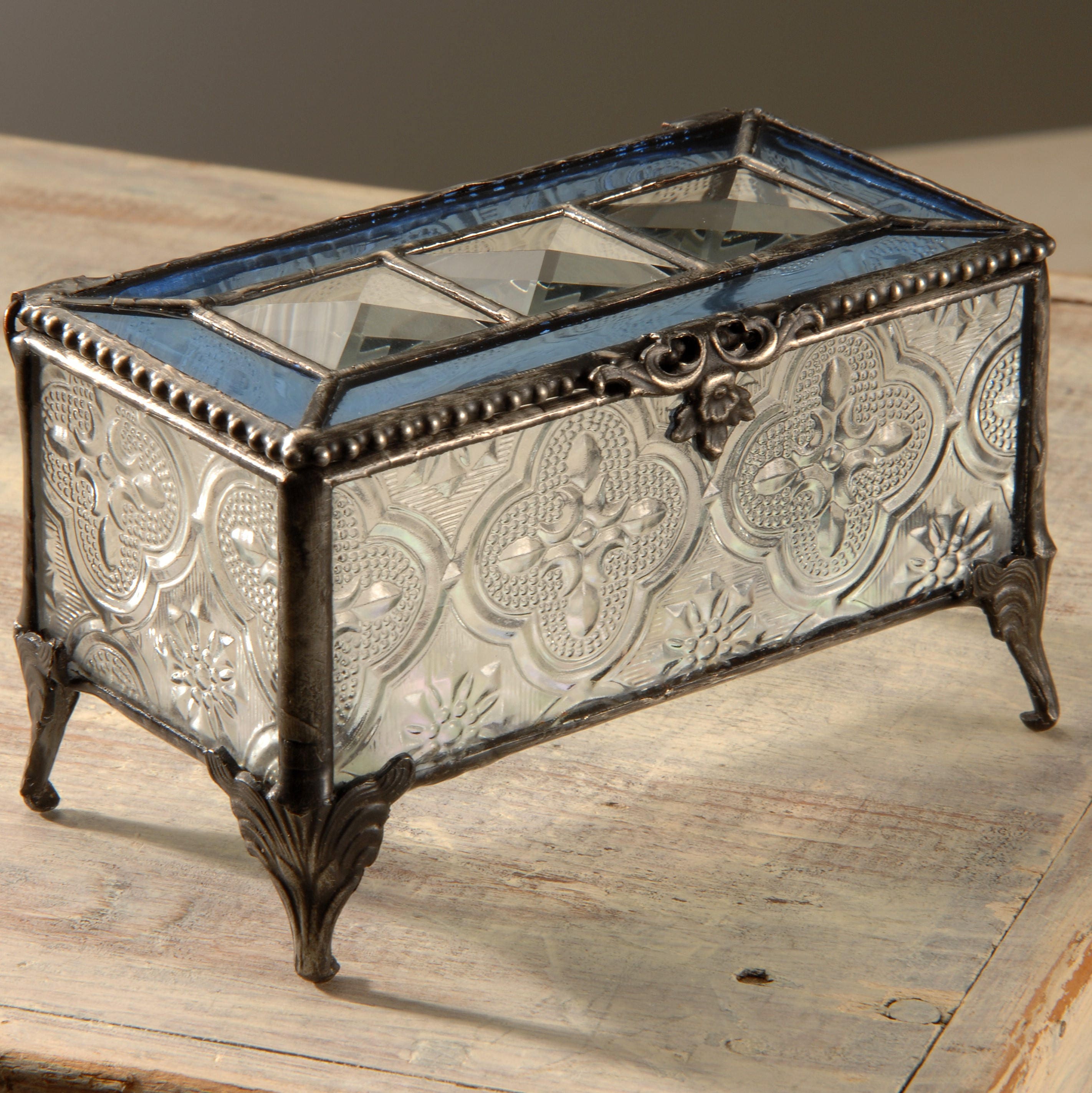 Blue Stained Glass Keepsake Jewelry Box Vintage Home Decor Etsy