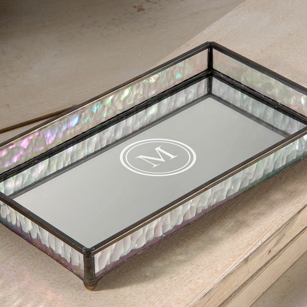 Monogrammed Glass Vanity Tray Iridescent Stained Glass Sides Mirrored Glass Bottom Dresser Jewelry Organizer Personalized  TRA 101 ET104