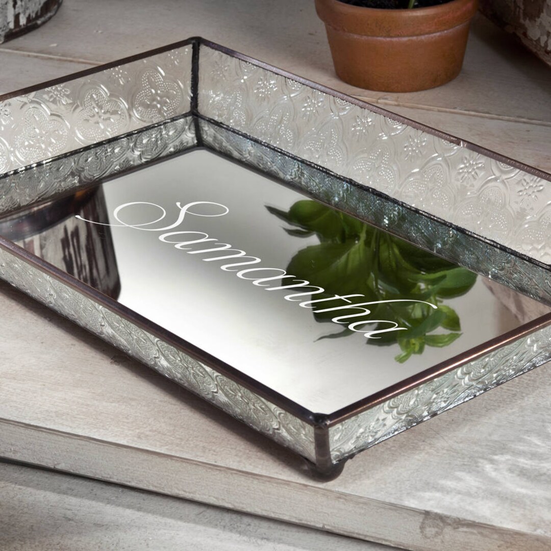 Personalized Glass Vanity Tray With a Name Glass Slanted Sides Mirrored
