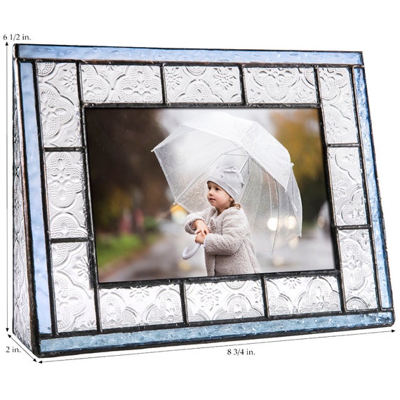 Stained Glass Picture Frame Blue Trims Clear Vintage Home Decor 4x6 Horizontal Landscape Photo Gift For Mom Girlfriend Pic 159 46h