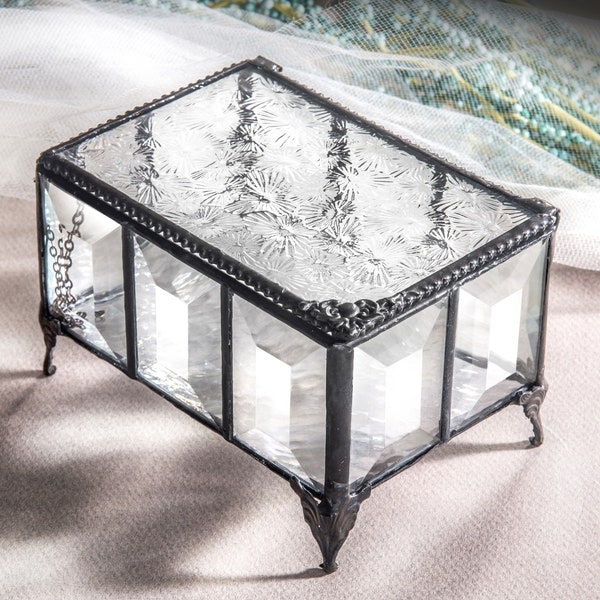 Crystal Box Jewelry Box Clear Beveled Glass Decorative Vanity Display Keepsake Gift for Her Christmas Birthday Mom Trinket Box 762