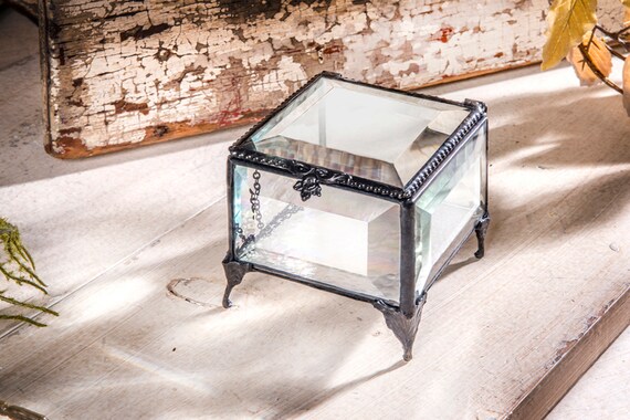 Crystal Glass Box Jewelry Box Beveled Glass Case Dresser Vanity