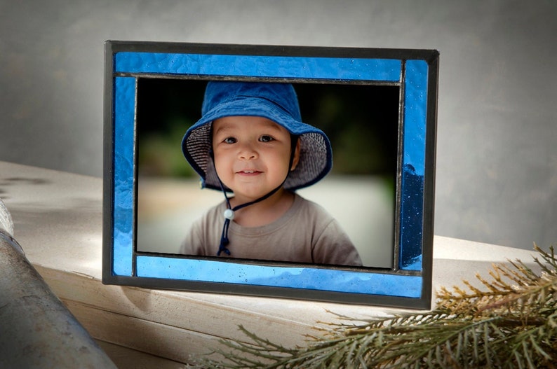 Blue Picture Frame 5x7 or 4x6 Stained Glass Photo Frame Easel Back Tabletop Frame Boy's Room Home Decor Gift for Dad Pic 324 Series image 1