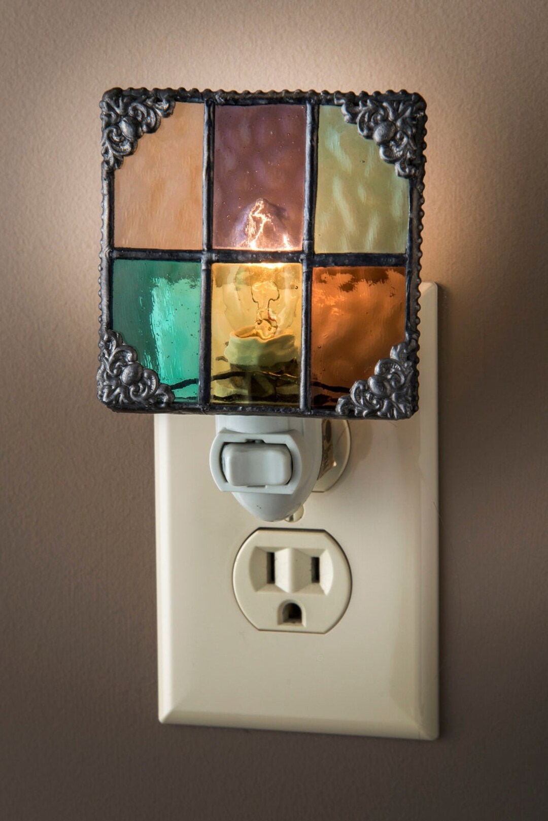 Night Light Decorative Multi Colored Stained Glass Purple Green