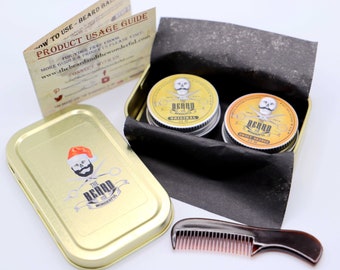 Xmas Moustache Wax Kit 2x15ml Tins Premium Strong Wax for Men - for Styling Twists,Points & Curls in Gold Tin; Secret Santa, Stocking Filler