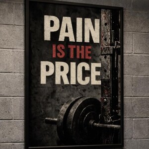 Peut inclure: Intérieur de salle de sport avec une affiche motivante indiquant "PAIN IS THE PRICE". L'image présente un banc de musculation, une barre avec des poids, des haltères et un mur de briques gris foncé. L'éclairage est tamisé, créant une atmosphère concentrée.
