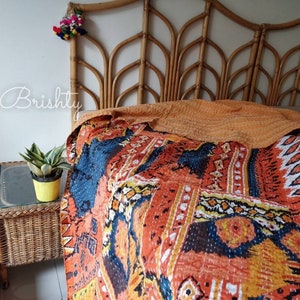 Orange navy fall boho kantha throw quilt, fall kantha coverlet, orange kantha table cover, colorful kantha throw, kantha discount