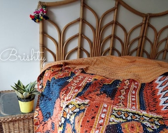 Orange navy fall boho kantha throw quilt, fall kantha coverlet, orange kantha table cover, colorful kantha throw, kantha discount