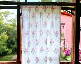 Floral block printed slub cotton curtains with border, pink and white floral curtains, textured fabric, can be customized