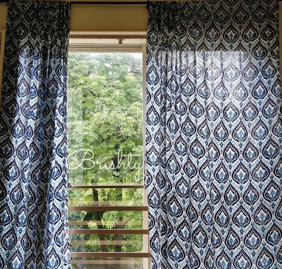 Set Of Two Blue Curtain Panels Bohemian Curtains Boho Decor Etsy