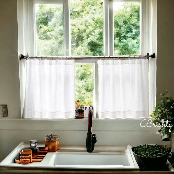 White voile cafe curtains, kitchen curtains, white kitchen valance, can be customized, semi sheer minimalist white curtain panels,