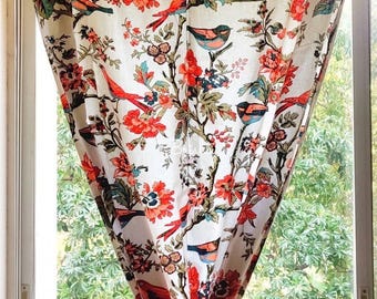 Bird printed orange floral privacy curtains,  bird farmhouse decor, vintage print curtain panels, floral nursery, shabby chic curtains