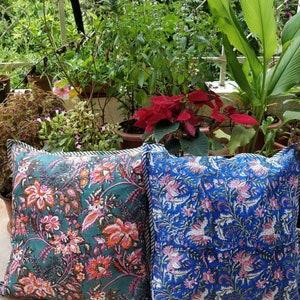 Two block printed floral throw pillow covers 18x18 inches, boho cushion covers, blue green block print cushion covers, floral cushion covers