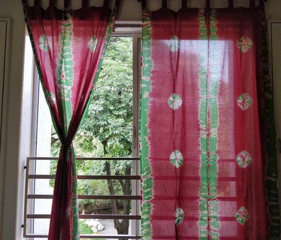 Set Of Two Pinkish Red Green Tie Dye Boho Curtains Bohemian Etsy