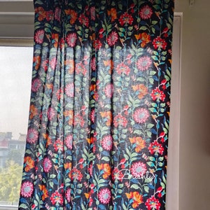 Colorful and bright black floral curtains, semi sheer breezy cotton floral drapes, can be customized to blackout curtains image 2
