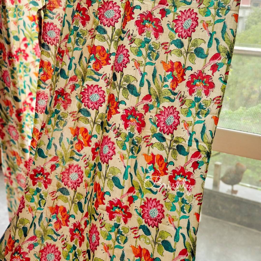 Floral Cottage Curtain With Bright Colorful Flowers, Semi Sheer Floral